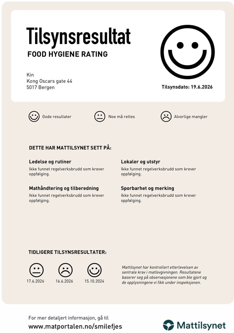 Food hygiene rating certificate showing smiley face rating for Kin restaurant in Bergen, dated 19.6.2026