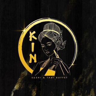 KIN Sushi and Thai Buffet logo featuring a golden circular design with an elegant womans portrait in white line art on black background