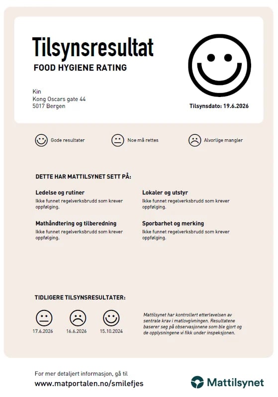 Norwegian food hygiene rating certificate with happy face smiley showing excellent rating from inspection on 19.6.2026
