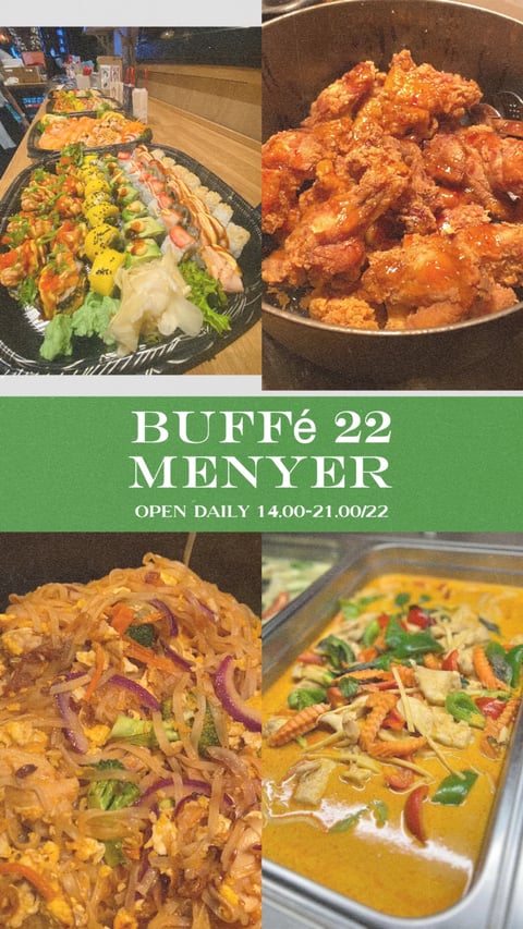 Buffé 22 Menyer restaurant promotional image showing Asian dishes including fried chicken, vegetable rolls, noodles, and curry